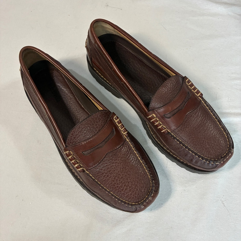 L.L.Bean Allagash Bison Leather Penny Loafers Mens 9.5 D Brown Handsewn Preppy
